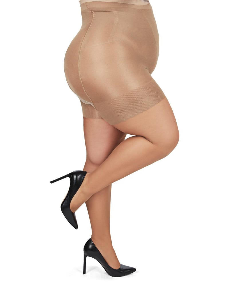 Side of a model wearing a size XL BodySmootHers High Waisted Super Shaper Sheer Tights in Honey by Memoi. | dia_product_style_image_id:299429